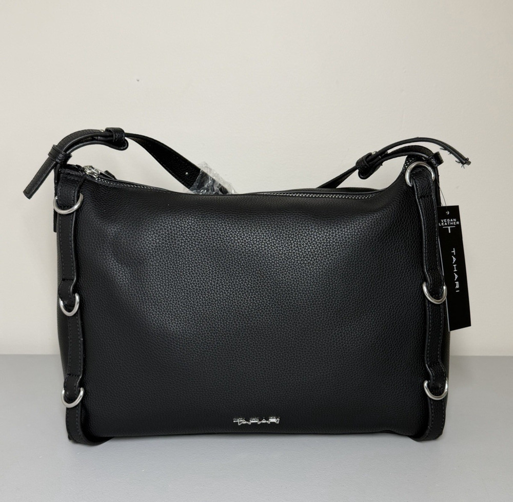 Tahari Faux Leather Hobo Shoulder Bag Black Zip Top Large Buckle Accent Vegan